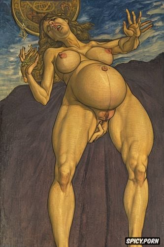 halo, classic, spreading legs shows pussy, pregnant, renaissance painting
