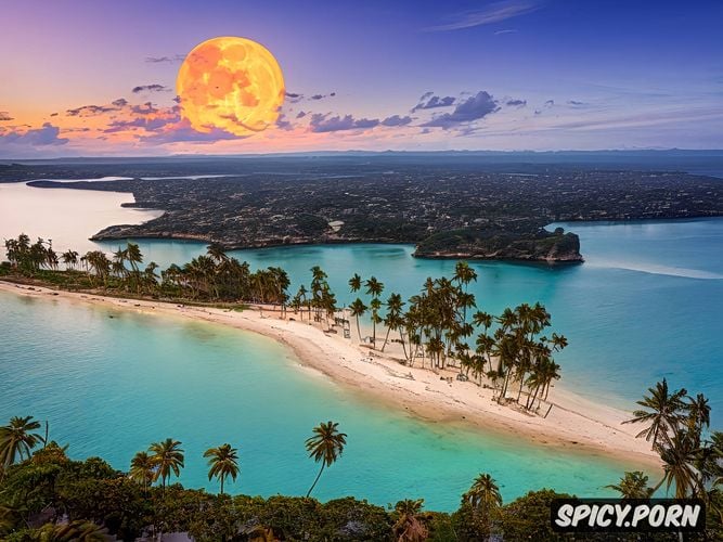 palm island in the background, young women, full moon, hiqh quality picture