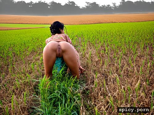 smooth skin, canon 5d, hanging gold earrings, shaved pussy, scene green paddy field