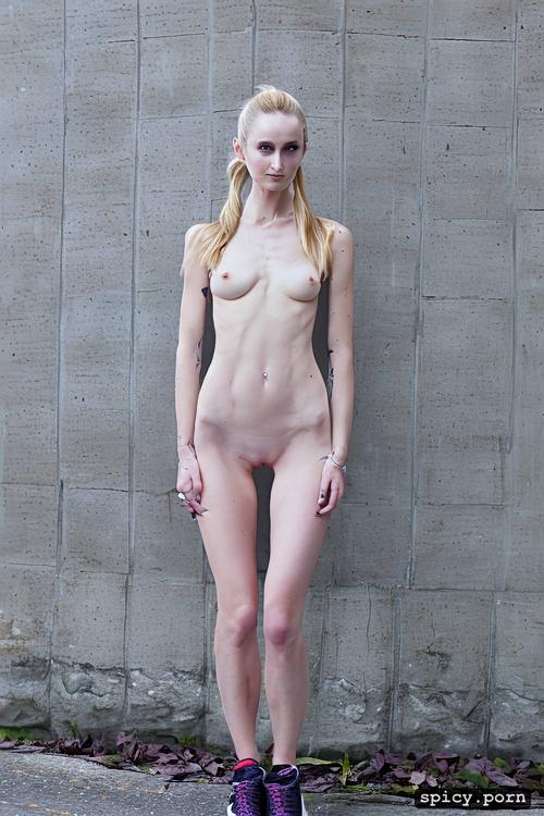 pissing, naked, pale white skin, skinny, no hips, frowning, light blonde