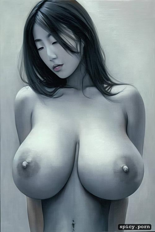 drooping breasts, japanese wife, huge breasts, ultra realistic