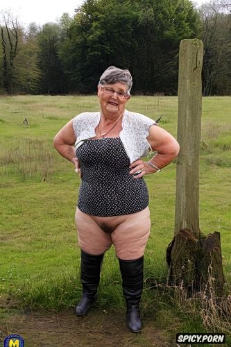 sexy grandma, background woods trail, leather boots, wild extremely hairy pussy
