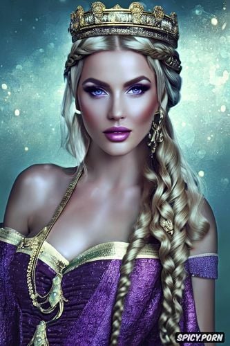 masterpiece, fantasy roman empress beautiful face full lips rosey skin long soft ashen blonde hair in a braid purple robes diadem full body shot