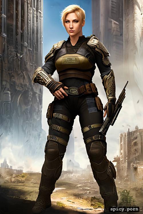 anya stroud, lancer rifle, ruined city, gear officer armor, short blonde pixie cut