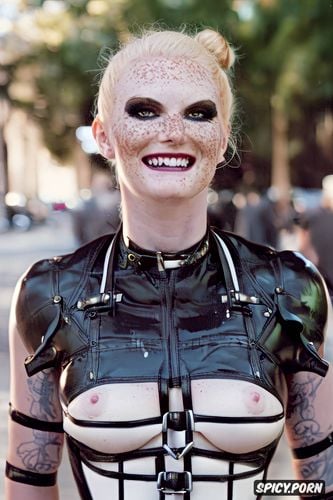 long neck, harness, depth of field, evil thin eyebrows, latex