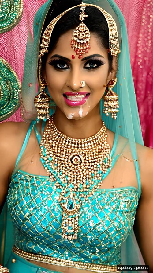 realistic human, the beautiful indian bride high makeup in wedding hall and get slapped by a indian man dick over his face and get cum all over her face