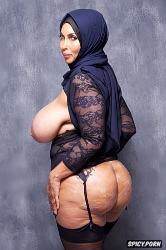 of all cloth only colorful hijab and stockings wrinkled, hourglass body