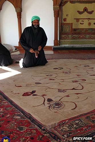 carpets on floor, cloak, holding a book, two old fat muslim imams