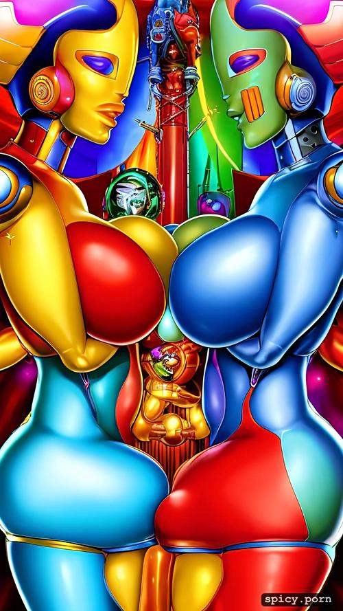 realistic, giant breasts, thick bodies, high resolution, 2 robot twins