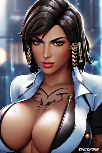 masterpiece, pharah overwatch female president of the united states black blazer white shirt shirt unbuttoned beautiful face full lips chest tattoos milf