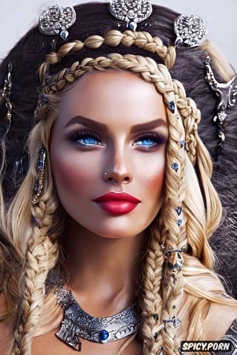 ultra detailed, ultra realistic, k shot on canon dslr, fantasy viking queen beautiful face full lips pale skin long soft dirty blonde hair in a braid diadem full body shot