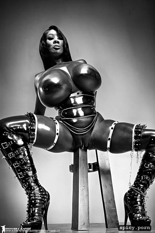 8k, powerful plump, fetish latex executioners mask, muscular nigerian dominatrix dressed in oiled latex harness with spikes and chains