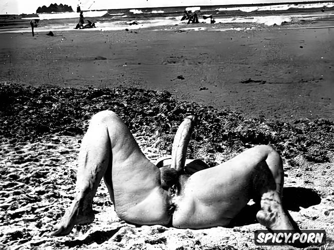 embossed natural colors embossed facial image on the nudist beach by the ocean in provocative position a permissive too drunk old whore proves that a thick fish fits easily in her twat for curious men who look in her stuffed twat