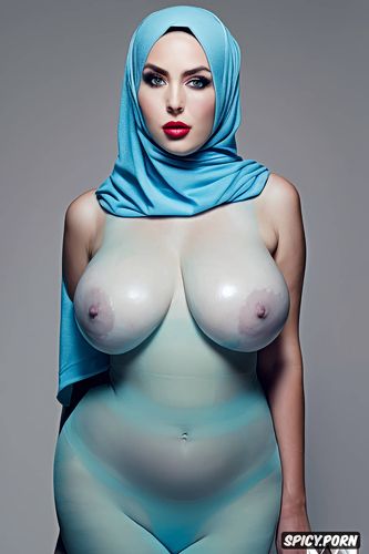 vibrant, totally naked in only hold ups and hijab, half body shot