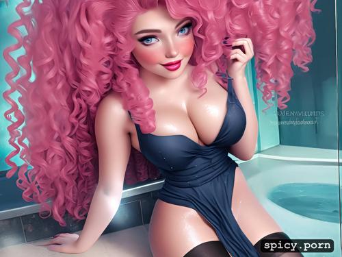 tall, comprehensive cinematic, pink hair, open blouse, shower