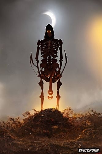 haunted clearing at night, scary glowing grim reaper, haunting human skeleton