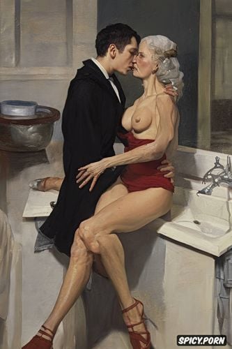 erotic art, kitchen sink, ominous atmosphere, high heeled sandals