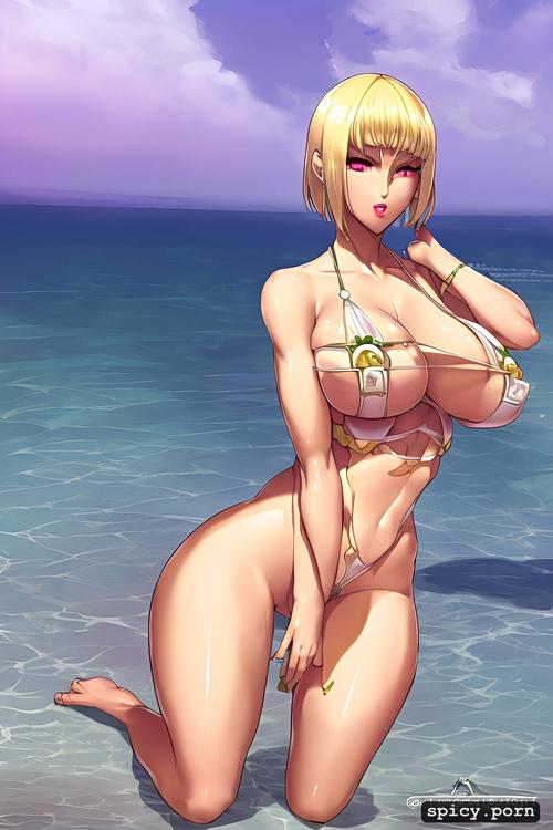 yellow hair, ahegao face, on beach, white lady, goth, hot body