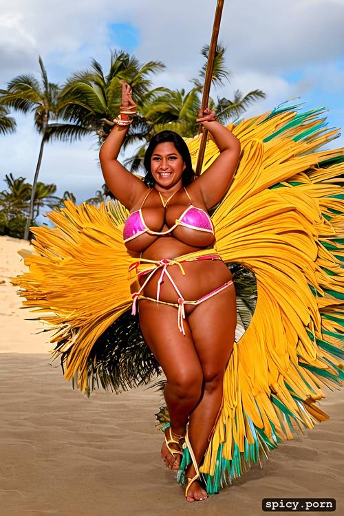 19 yo beautiful hawaiian hula dancer, color portrait, intricate beautiful hula dancing costume with bikini top