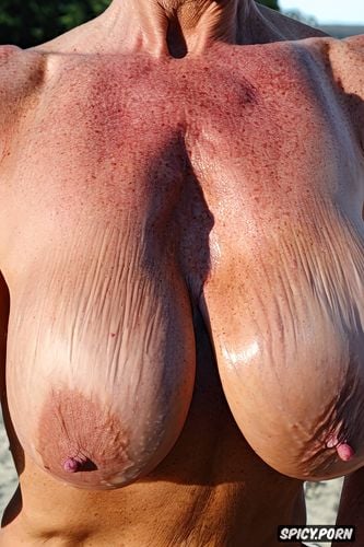 walking at beach, naked, gigantic hard tits, skinny, arrogant face