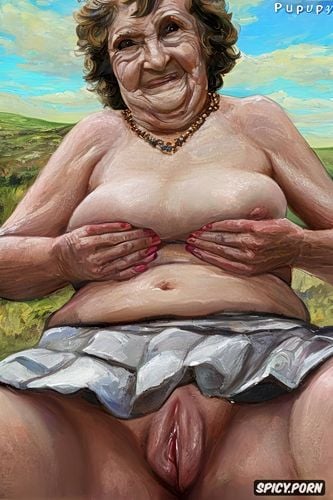 the very old fat grandmother skirt has nude pussy under her skirt