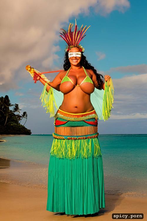 color photo, flawless smiling face, 34 yo beautiful hawaiian hula dancer