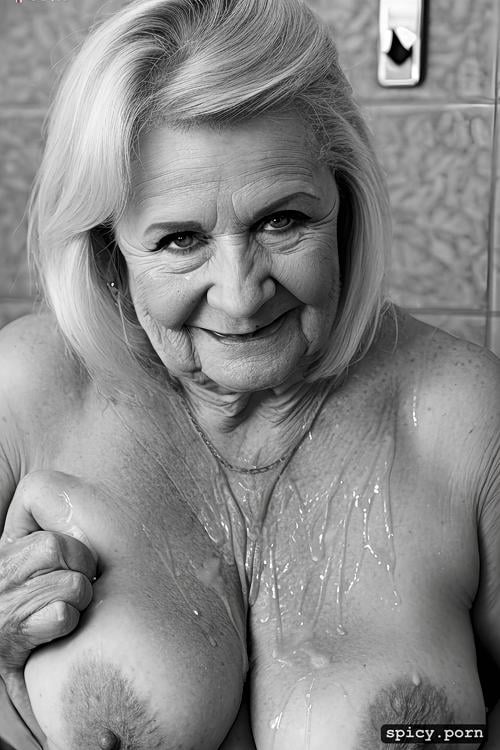 big hips, white female, thick body, perfect face, 75 yo, shower