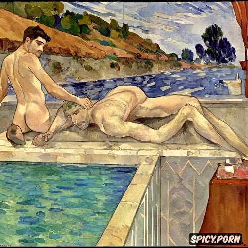 vincent van gogh, ravishing gay male bodybuilder man with big hairy bubble butt and flushed cheeks in shady bathroom bathing intimate tender gay sex orgy in the background modern post impressionist fauves erotic art