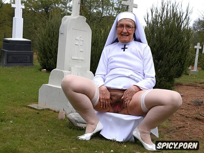 spreading legs, very old granny, point of view, cemetery, ninety
