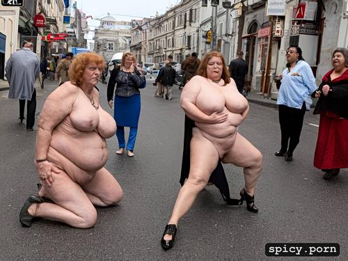realistic, full body face, obese granny group kissing sucking in busy street