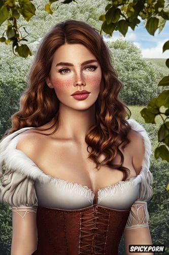 tight low brown peasant farmer dress, bethany hawke dragon age beautiful face pale rosy kissed skin long soft chestnut brown hair