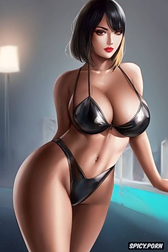 black hair and blonde hair, plump body, big perfect breasts