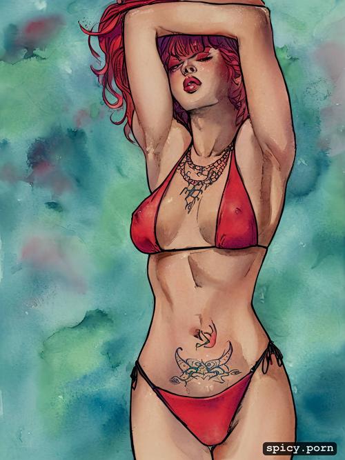 micro bikini, red hair, tattoos, sunbathing, pastel colors, muscular body