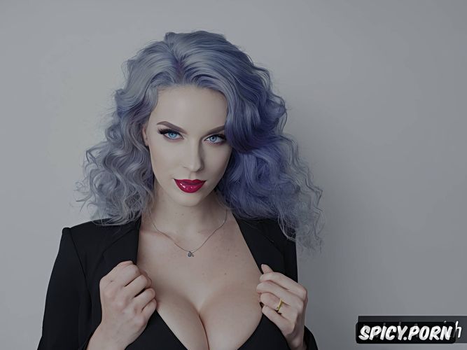 curly hair, makeup, big boobs, featureless gray background, masterpiece