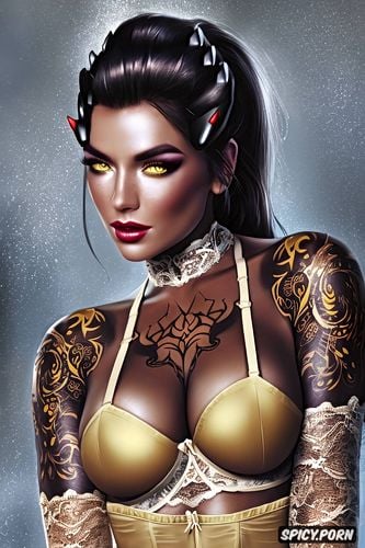 high resolution, ultra detailed, widowmaker overwatch beautiful face young sexy low cut soft yellow lace lingerie