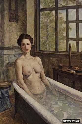 cézanne oil painting, victorian gown, touching breasts tiled bathing