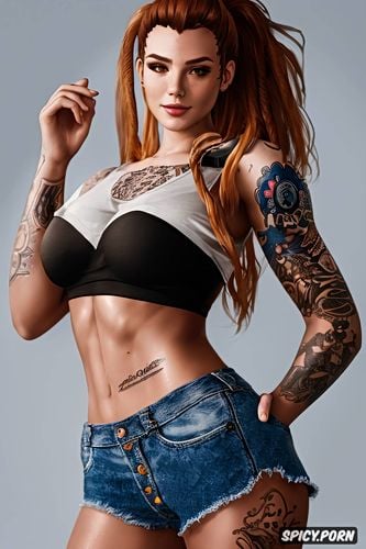 brigitte overwatch beautiful face full body shot, black leather jacket and jean shorts