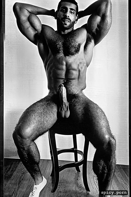 hairy chest, full body view, one alone naked athletic arab man