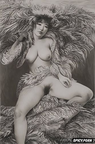 japanese nude, spreading legs, classic greek statue, feathers