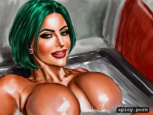 jacuzzi, happy face, latex, athletic body, large boobs, green hair