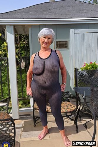 wearing spandex, wrinkled, old irish granny, background patio