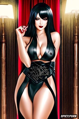 soft black lips, pale soft skin, and massive big juicy breasts with perky hard nipples that are peaking through the kimono kuro wears stockings and black a pitch black kimono that slightly covers her oiled curvy divine body her shoes are long