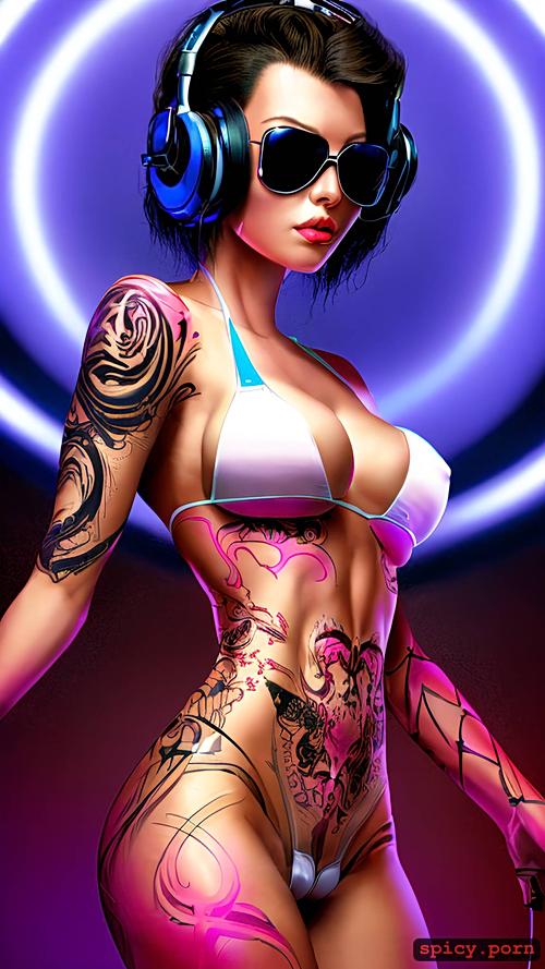 big lips, perky nipples, 18yo, asian girl, short hair, cyberpunk neon art