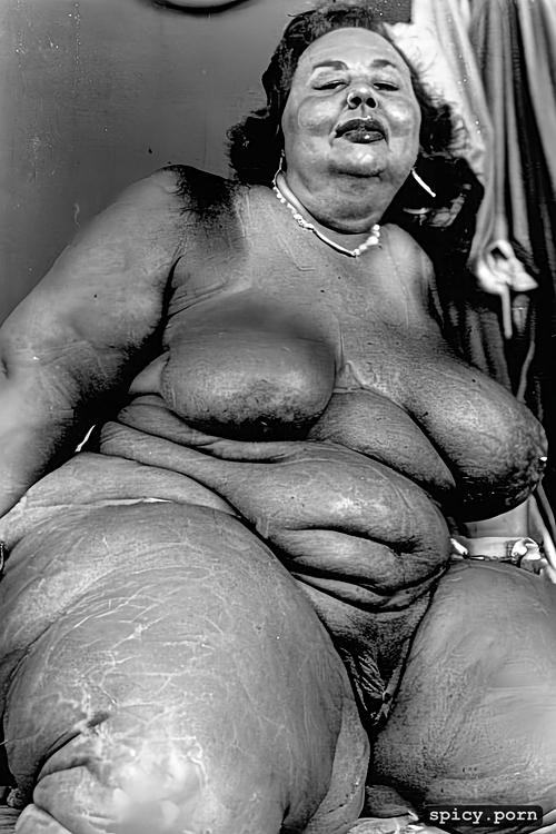 70 year old, wrinkled body, fat granny, photo realistic, tong out