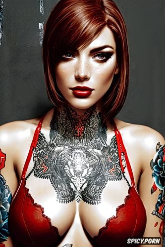 masterpiece, ultra realistic, red lace lingerie, tattoos, ultra detailed