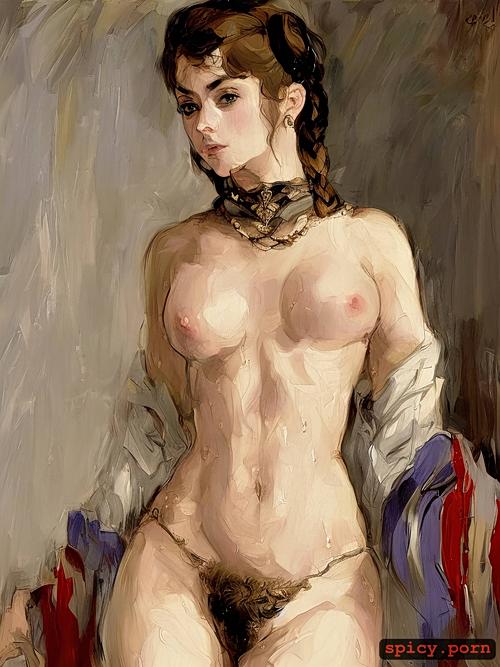 russian girl, athletic body, perky nipples, art by clide caldwell