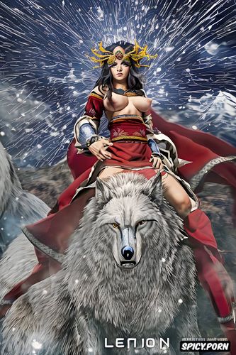 delicate teenage breast, peincess mononoke squatting riding on a giant wolf