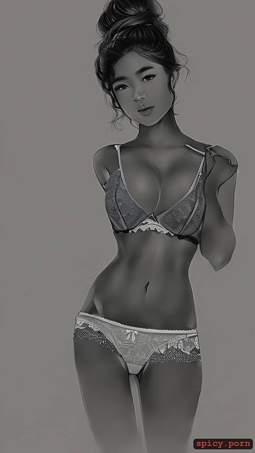 small boobs, thai girl, colored eyes, dark skin, photo realistic