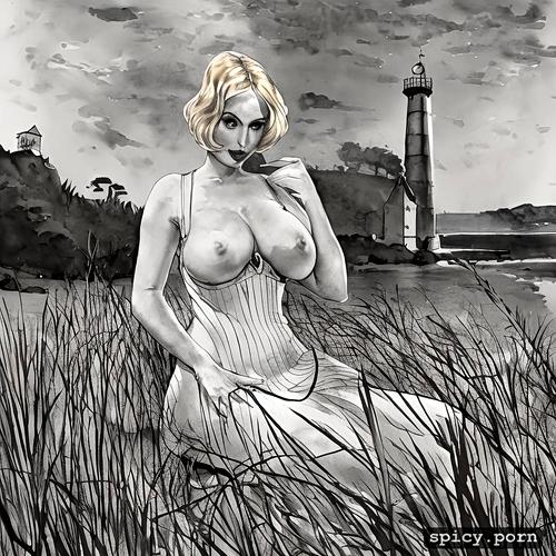 watercolor ink outline, a lighthouse hill on a beach, caricature figure