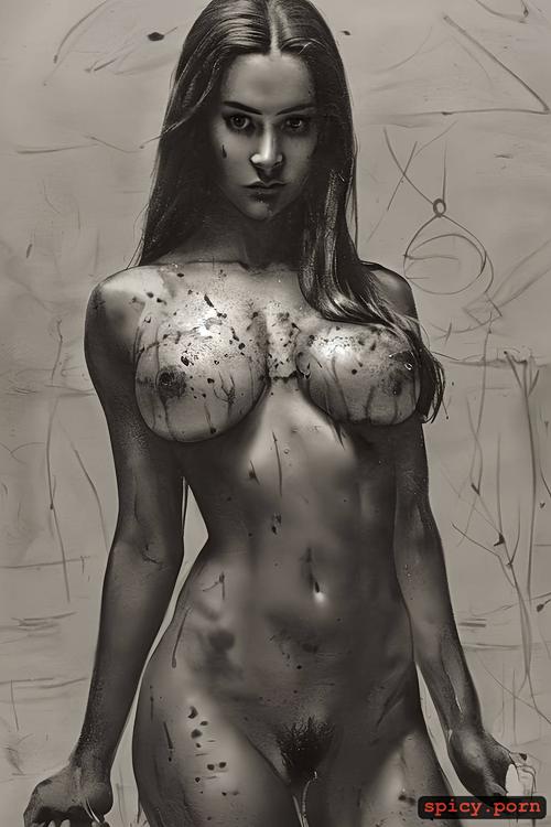 wet skin, dark nipples, large water drops, tempera retouch, smudged charcoal background